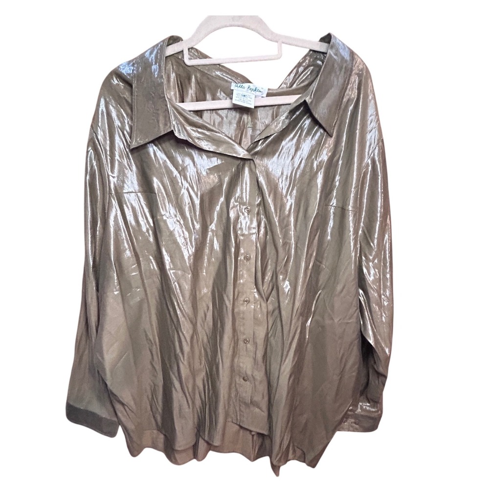 Ulla Popken Metallic Bronze Relaxed Fit Button Down Shirt Blouse Plus Size 32/34